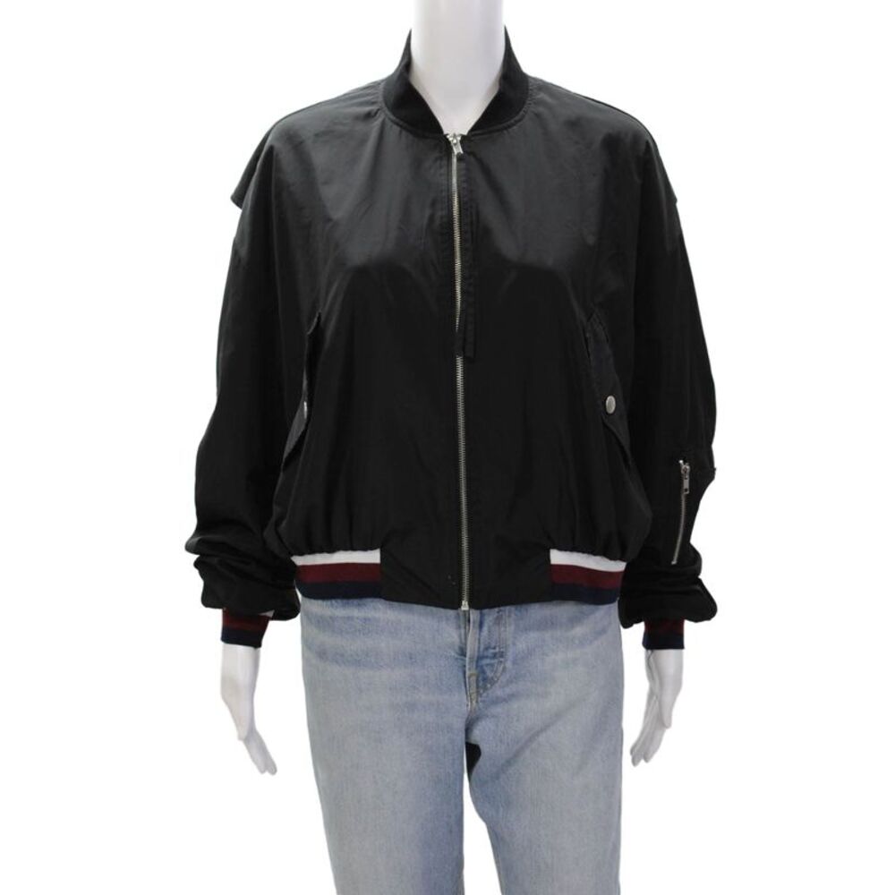 BSBW Womens Striped Trim Long Sleeves Full Zipper Bomber Jacket Black Size Small